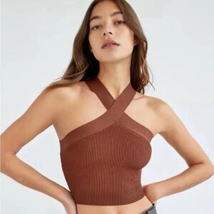 Brown Halter Ribbed Women Top